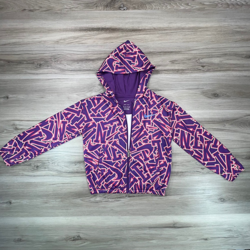 Nike Dri-FIT Full Zip Hoodie‎ Kids Girls 6/6X Purple Patterned Activewear Jacket